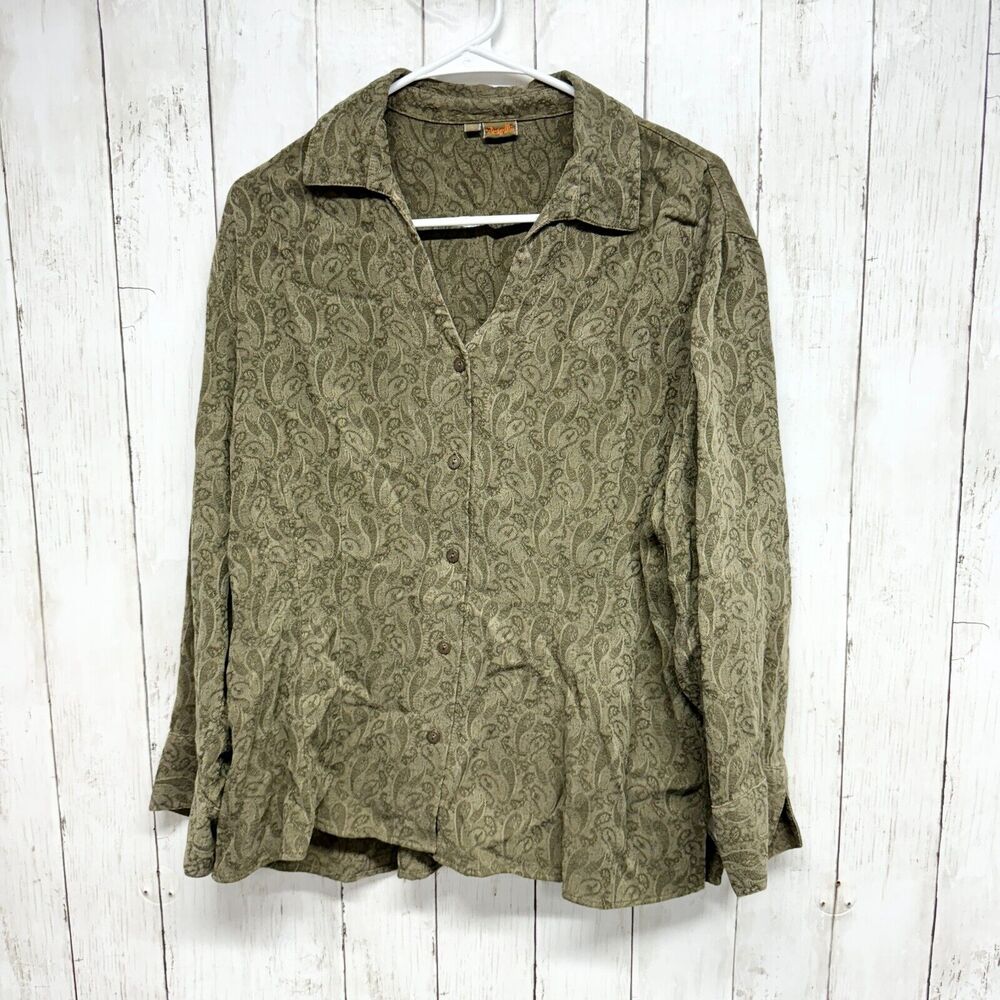 Tianello Button Up Women Size 1/XS-S Green VTG Paisley Long‎ Sleeve 100% Tencel